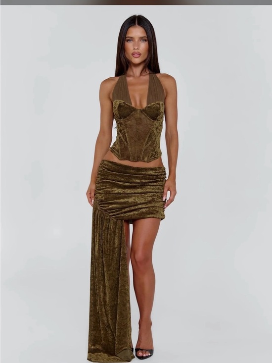 Outcast Tops - Olive Halter Velvet Asymmetrical Top